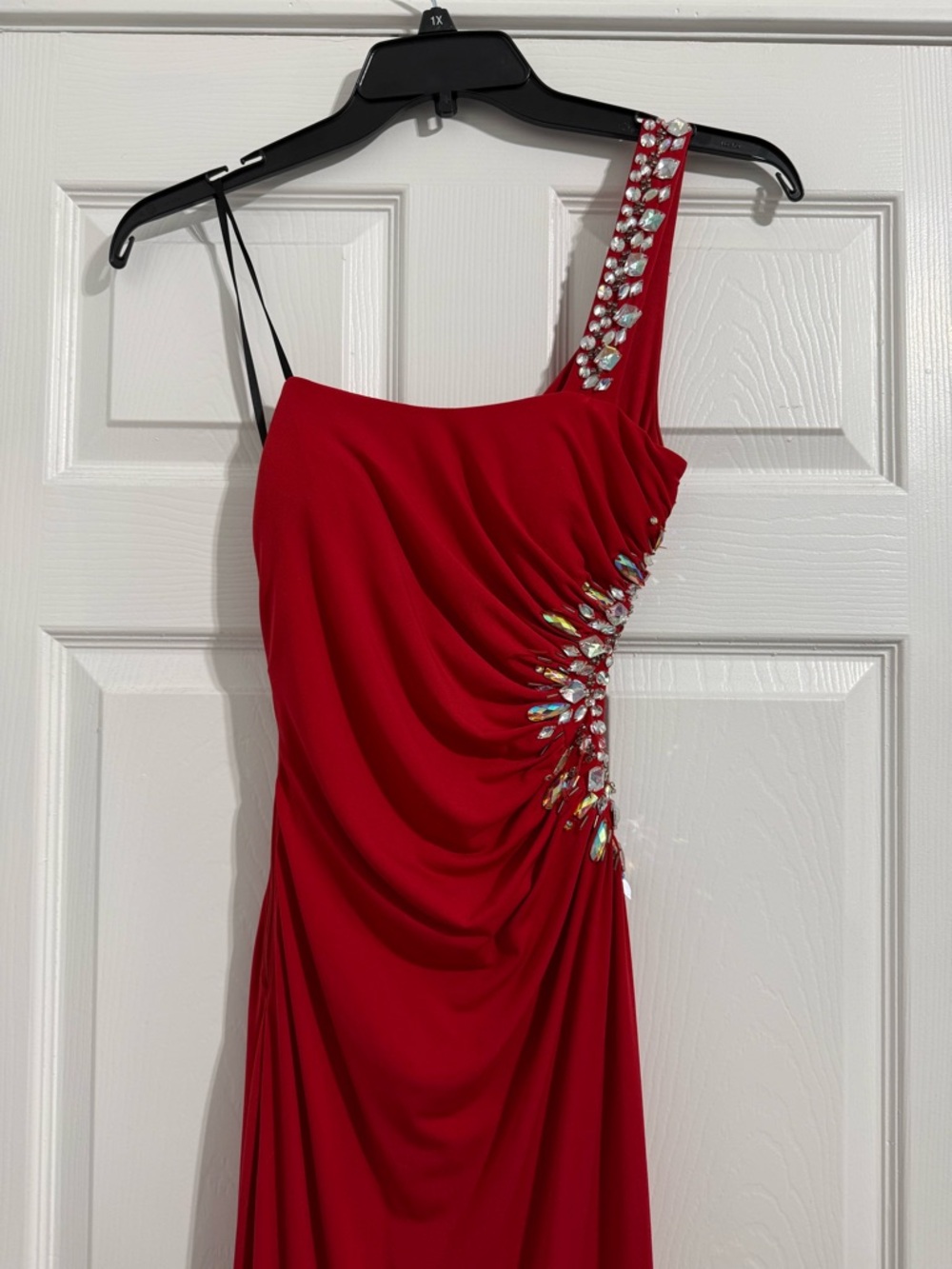 City Studio One-Shoulder Red Evening Gown with Crystal Embellishments